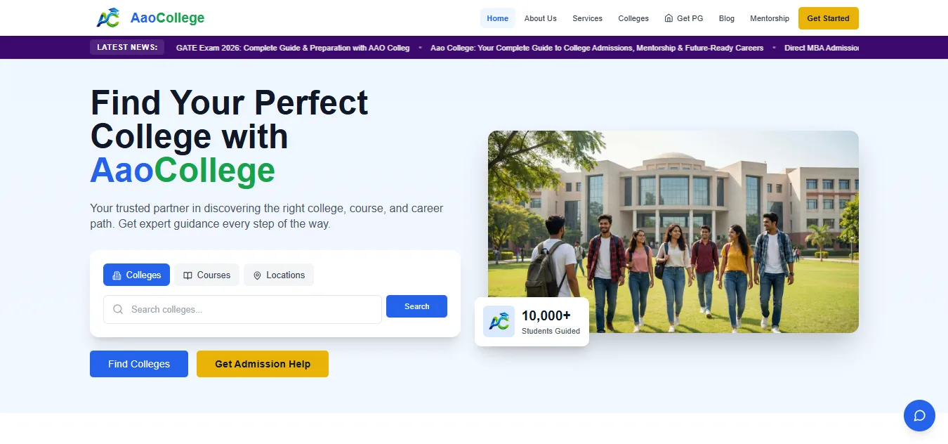 Aao College responsive education website with course and admission management built using MERN stack