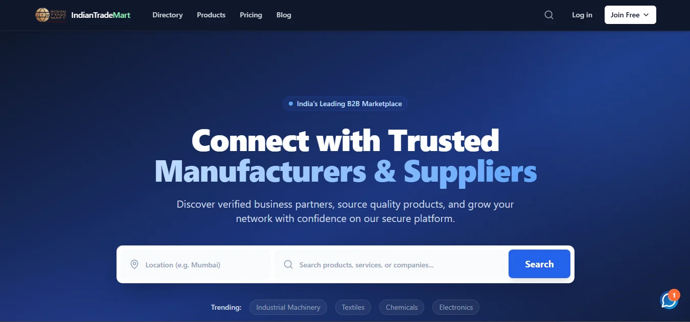 Indian Trade Mart B2B ecommerce platform dashboard built with React, Next.js and SQL